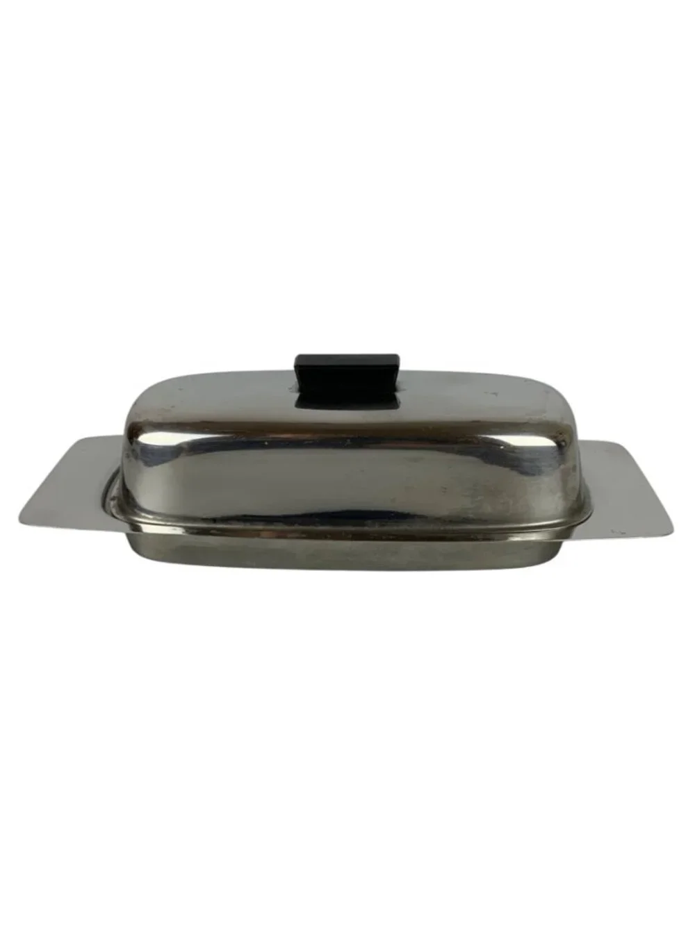 Vintage Stainless Steel Butter Dish With Lid & Black Handle Mid-Century Modern